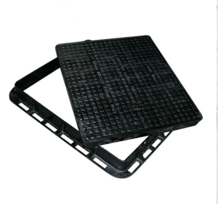 Black ductile iron square manhole cover and frame marked EN124 D400